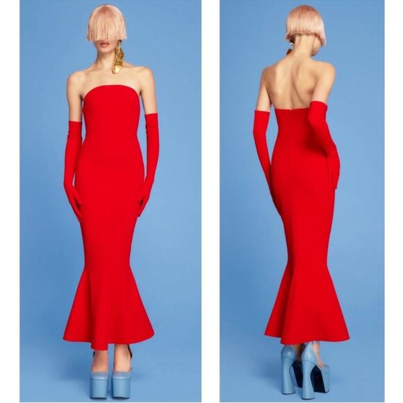 Solace London Amara Strapless Red Bodycon Midi Dress Size 2 - Picture 1 of 9